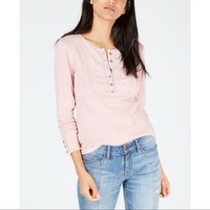 NWT Lucky Brand Embroidered Henley Thermal Top